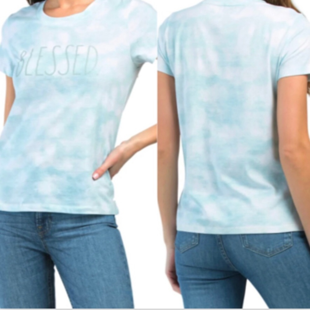 Rae Dunn Blessed Graphic Blue Tie Dye Print Short Sleeve Crewneck T-Shirt Medium